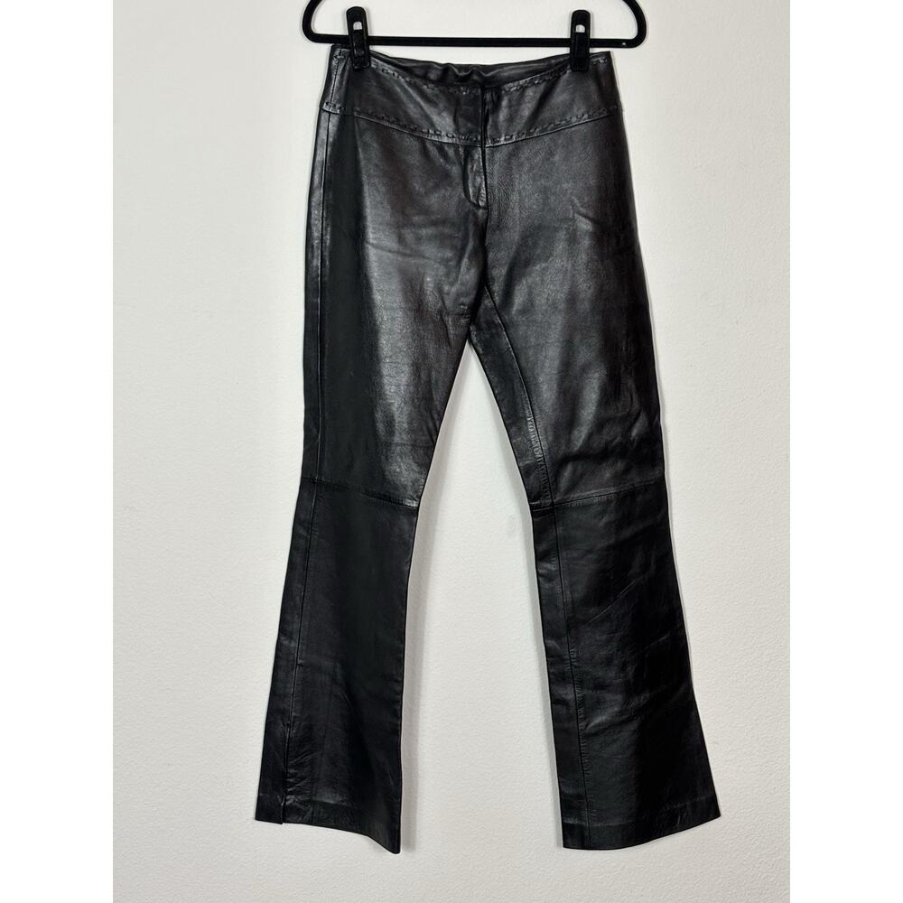 Vintage Cache Leather Flare Pants Size 0 Black Split Hem Low Rise Y2K - Picture 3 of 15